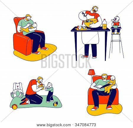 Set Of Single Father Engaged In Raising Child. Dad Feed Son With Bottle, Cooking Meal, Boy Sit In Hi