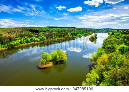 River And Island Blue Sky And Clouds Ukraine