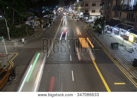 Singapore.  January 2020.  Traffic On A Street In The Kallang District At Night