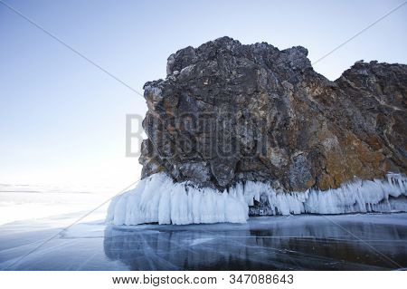 Cracks In Ice. Lake Baikal, Oltrek Island. Winter Landscape