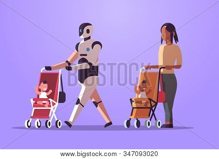 Robotic Babysitter And Mother Or Nanny Walking With Baby In Stroller Robot Vs Human Standing Togethe