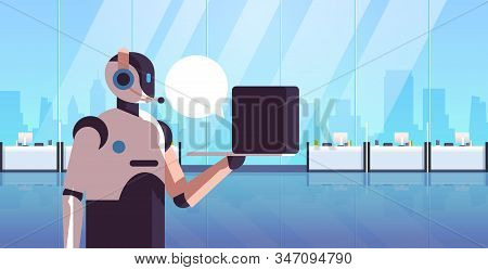 Robotic Operator Consultant Using Laptop Chat Bubble Client Support Call Center Concept Artificial I