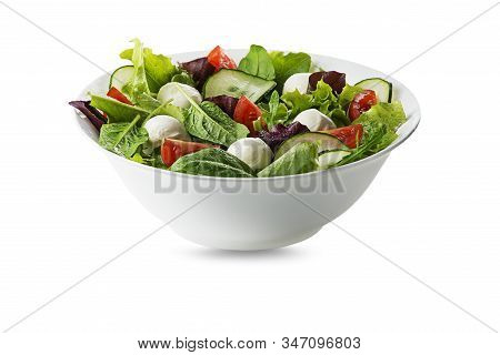 Healthy Green Salad With Mozzarella Cheese And Fresh Vegetables Isolated On White Background