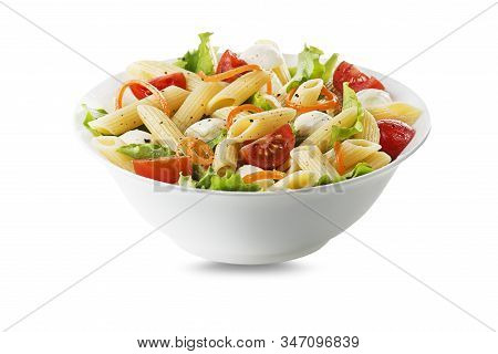 Pasta Salad With Mozzarella Cheese And Vegetables. Healthy Pasta Meal.