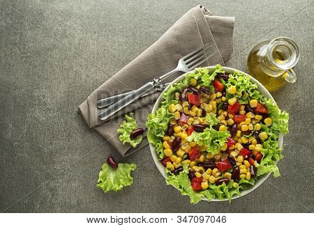 Healthy Green Salad With Corn And Beans On Grey Background. Mexican Corn Salad.