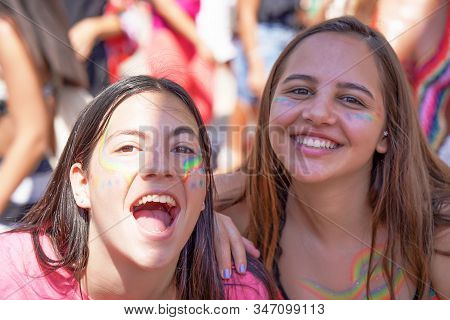 The Annual Parade Lgbt. Portrait Of Two Lesbians In The Gay Pride Parade. Parade Of Tolerance. Rainb