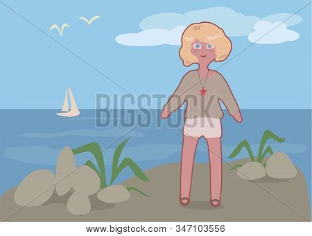 Pozitive Fun Vector Cartoon Doodle Blond Girl Stand On The Grey Rock On The Sea Background.