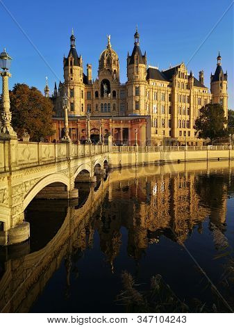 An External View Of The Intricate Palace Building In The Town Of Schwerin In Northern Germany.