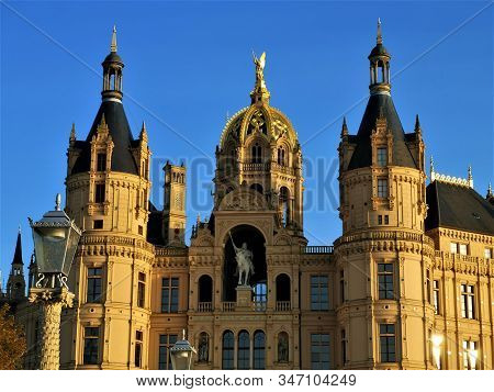 An External View Of The Intricate Palace Building In The Town Of Schwerin In Northern Germany.