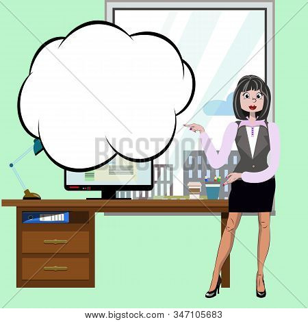 Cute Business Girl Presenting And Announces With Point Hands And Speech Cloud Bubble Cartoon Vector
