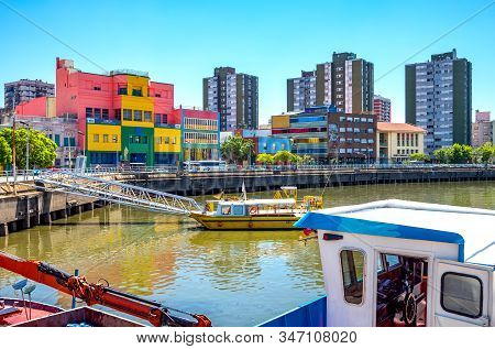 Buenos Aires, Argentina - January 19, 2018: La Boca District,  Colorful Buildings In Av. Don Pedro S