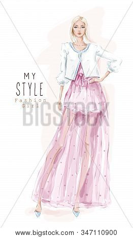 Hand Drawn Beautiful Young Woman In Pink Skirt And Jacket. Stylish Girl. Fashion Woman Look. Sketch.