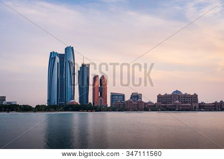 Beautiful Sunset Over Abu Dhabi Skyline And Emirates Palace