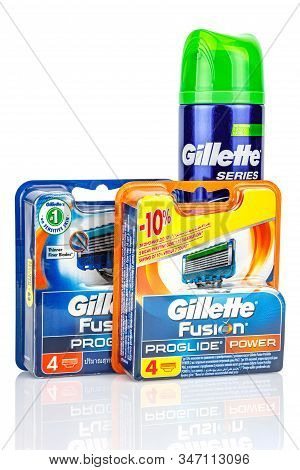 Moscow, Russia - January 23, 2020: Gillette Fusion Proglide Razor Blades In Blue And Orange Blister 