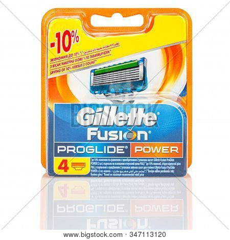Moscow, Russia - January 23, 2020: Four Pieces Of Gillette Fusion Proglide Power Razor Blades In Ora