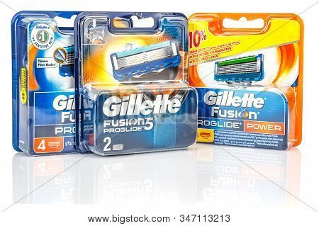 Moscow, Russia - January 23, 2020: Two Blue And One Orange Blister Packs Of Gillette Fusion Proglide