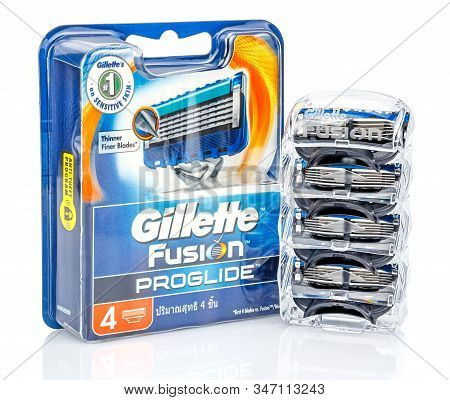 Moscow, Russia - January 23, 2020: Four Gillette Fusion Proglide Razor Blades In Transparent Plastic