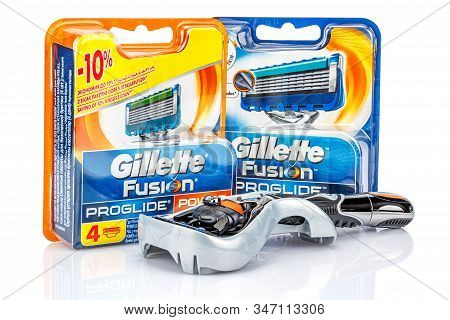 Moscow, Russia - January 23, 2020: Gillette Fusion Proglide Power Battery Razor Handle In Plastic St