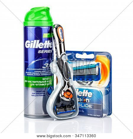 Moscow, Russia - January 23, 2020: Gillette Fusion Proglide Power Battery Razor Handle In Plastic St