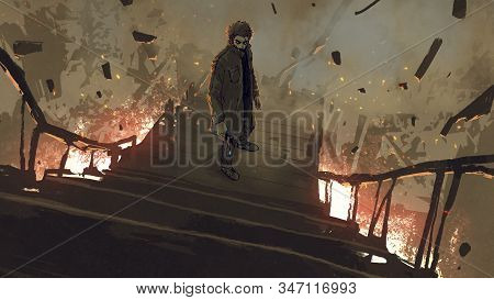 A Man In Coat With His Gun Standing On Burned Stairs, Digital Art Style, Illustration Painting
