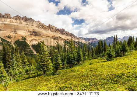 View Of Dolomit Peak From The Hiking Trail To Helen Lake In Banff National Park, Alberta, Canada