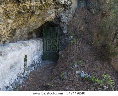 Closed Iron Door To The Tunnel At Danger Hiking Trail Barranco De La Madera From Las Nieves, La Palm