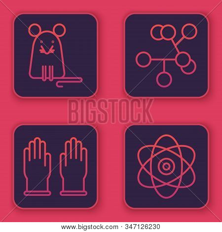 Set Line Rat, Rubber Gloves, Molecule And Atom. Blue Square Button. Vector