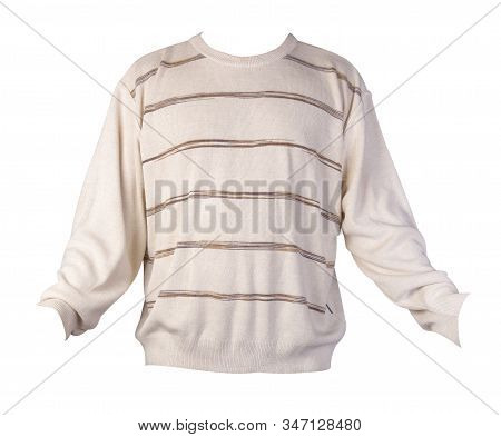 Knitted Hakki Brown Beige Color Sweater R Isolated On A White Background. Mens Sweater Under The Nec