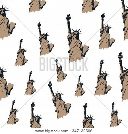 Vector Seamless Pattern Using Statue Of Liberty. New York Themed Pattern. Big Apple Themed Seamless 
