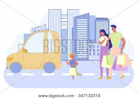 Bright Banner, Family Is Shopping In City Center. Parents With Child Walk Along Sidewalk And Carry L