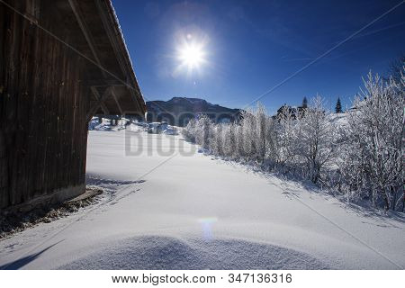 Sun And Blue Sky On A Cold Day In The Swiss Mountains With Snow Landscape With Sunset And Trees