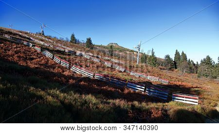 Praded Ski Slope In Summer With Famous Petrovy Kameny In The Background, Jeseniky, Czech Republic. S