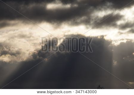 Sun Is Shining Other The Clouds, Contrast Light. Weather Changing, Bright Shining Sky With White And