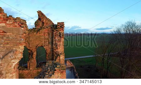 Ruins Of The Lutheran Church In Salgale Latvia Near Of The Bank Of The River Lielupe Aerial View