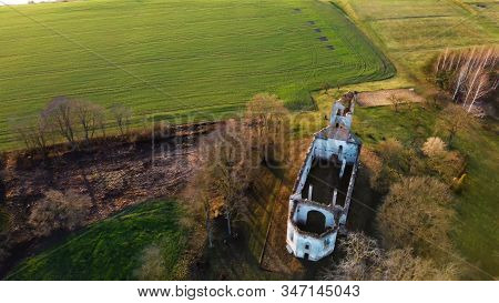 Ruins Of The Lutheran Church In Salgale Latvia Near Of The Bank Of The River Lielupe Aerial View
