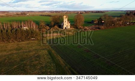Ruins Of The Lutheran Church In Salgale Latvia Near Of The Bank Of The River Lielupe Aerial View