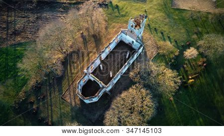 Ruins Of The Lutheran Church In Salgale Latvia Near Of The Bank Of The River Lielupe Aerial View