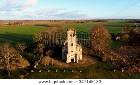 Ruins Of The Lutheran Church In Salgale Latvia Near Of The Bank Of The River Lielupe Aerial View