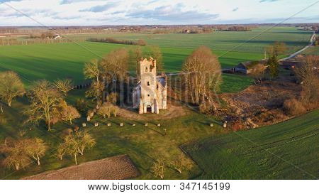 Ruins Of The Lutheran Church In Salgale Latvia Near Of The Bank Of The River Lielupe Aerial View
