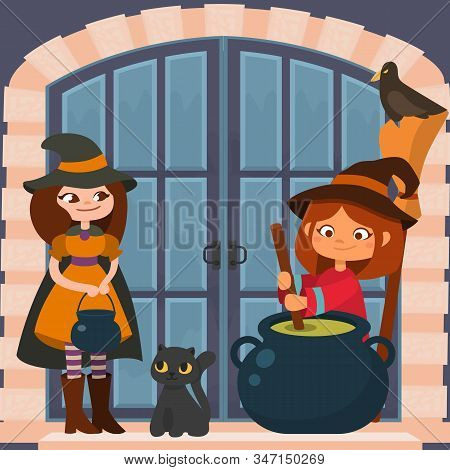 Halloween Holiday Celebration Vector Illustration. Two Young Smiling Funny Woman Little Girl Witches