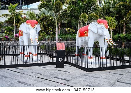 Elephant Statues At The Entrance To Siam Mall. 07.01.2020 Tenerife, Canary Islands.