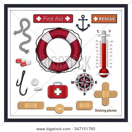 Nautical Collection Icons, First Aid And Rescue, Lifebuoy, Sticking Plaster, Compass And Medicines, 