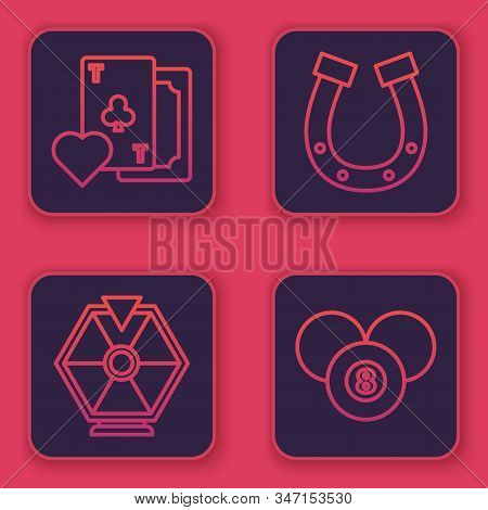 Set Line Playing Card With Clubs Symbol, Lucky Wheel, Horseshoe And Billiard Pool Snooker 8 Ball. Bl