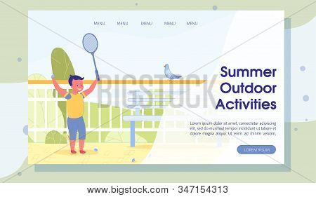 Badminton And Playful Time For Kids Landing Page. Summer Outdoor Activities. Cartoon Boy Plating Wit