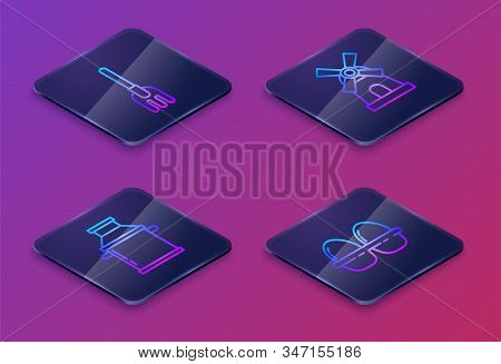 Set Isometric Line Garden Rake, Can Container For Milk, Windmill And Chicken Egg In Box. Blue Square