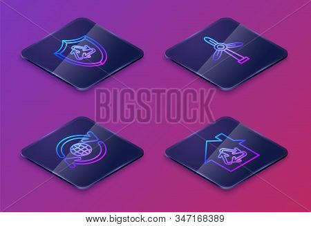 Set Isometric Line Recycle Symbol Inside Shield, Planet Earth And A Recycling, Wind Turbine And Eco 
