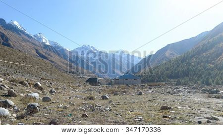 A Mountain Alpine Hut Cabin In High Himalayas Mountains, Located To Provide Shelter To Mountaineers,