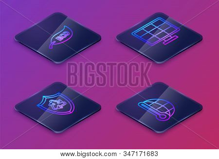 Set Isometric Line Leaf Eco Symbol, Recycle Symbol Inside Shield, Solar Energy Panel And Meteorology