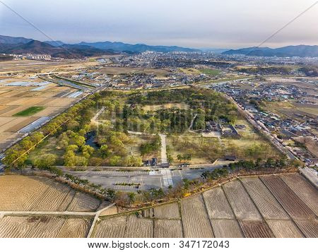 Aerial View Of Oreung Ancient Tomb Of Gyeongju, Gyeongnam, South Korea, Asia