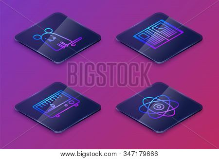 Set Isometric Line Rat, Electrical Measuring Instruments, Open Book And Atom. Blue Square Button. Ve